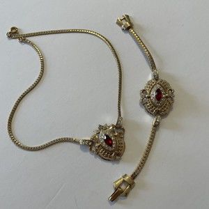 Vtg. Gold Tone Art Deco Red Rhinestone Statement Necklace & Bracelet Set